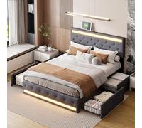 JYNVO Cama de Matrimonio 160x200 cm con Almacenamiento, Cama Tapizada con 4 Cajones Deslizantes y Silenciosos, Cabecero Ajustable con Iluminación LED RGB y Puerto USB, Gris Oscuro, Lino