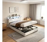 JYNVO Cama de matrimonio con cajón, 140 x 200 cm, cama de una plaza y media con cabecero multifunción, luces LED RGB controladas por aplicación, puertos USB-A/C y 2 cajones, terciopelo, beige (beige
