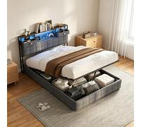 JYNVO Cama de matrimonio con cajón, 140 x 200 cm, cama de una plaza y media con cabecero multifunción, luces LED RGB controladas por aplicación, puertos USB-A/C y 2 cajones, terciopelo, gris (gris