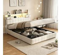 JYNVO Cama de matrimonio con cajón, 160 x 200 cm, cama de una plaza y media con cabecero multifunción, luces LED RGB controladas por aplicación, puertos USB-A/C y 2 cajones, terciopelo, beige (beige