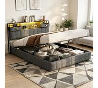 JYNVO Cama de matrimonio con cajón, 160 x 200 cm, cama de una plaza y media con cabecero multifunción, luces LED RGB controladas por aplicación, puertos USB-A/C y 2 cajones, terciopelo, gris (gris