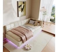 JYNVO Cama Individual 90 x 200 cm, tapizada con Almacenamiento hidráulico, Cuna con Puerto de Carga USB/Tipo C, Cama Juvenil con Barra de luz RGB Debajo de la Cama, Terciopelo, Color Beige