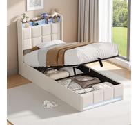 JYNVO Cama individual con almacenamiento, 90 x 200 cm, cama acolchada con cabecero de almacenamiento, estación de carga USB/Type-C, iluminación LED RGB, elevación hidráulica, lino, beige, sin colchón