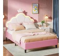 JYNVO Cama para niña de 90 x 200 cm con iluminación LED, cama acolchada para niños con cabecero de altura ajustable, cama infantil con cabecero de nubes rosas, material de terciopelo, cama adolescente