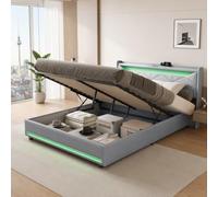 JYNVO Cama tapizada de 140 x 200 cm con espacio de almacenamiento y LED | Cama con cabecero y función de carga USB, cama de almacenamiento hidráulico, cama doble con somier de láminas de madera