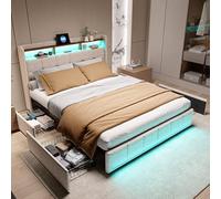 JYNVO Cama tapizada de 180 x 200 cm con espacio de almacenamiento e iluminación LED, cabecero estantería en imitación de nogal, 4 cajones a prueba de polvo, cama de matrimonio con 1 tipo C 2 USB, lino