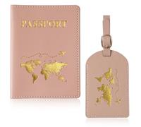 JYNVO Juego de 1 Porta pasaportes y 1 Etiquetas para Equipaje, Funda para Pasaporte de Viaje, Protector con Bloqueador RFID, Tarjetas de embarque, Tarjetas de crédito para Hombre y Mujer (Rosa)