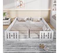 JYNVO Montessori - Cama infantil para suelo de 180 x 200 cm, 2 camas individuales, 90 x 200 cm, de madera maciza de pino con barreras de seguridad, anticaída, color blanco (blanco, sin somier de