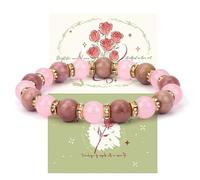 JYNVO Pulsera Plata Mujer 925 Cuarzo Rosa 2 Piezas Pulsera de Perlas + Tarjeta Postal con Motivo de Rosas para Uso Diario y Escritura de Deseos
