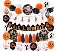 JYNVO Set de Decoración Halloween, Globos Negros Y Naranjas con Fantasmas, Bandera Happy Halloween, Guirnaldas, Adornos Halloween Para Casa, Halloween Party
