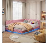 JYNVO Sofá cama de 140 x 200 cm con puertos USB y tipo C, sofá cama con iluminación debajo de la cama, cama tapizada de terciopelo de peluche, cama juvenil con somier de láminas, cuna rosa sin colchón