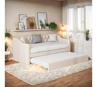 JYNVO Sofá Cama tapizado de 90 x 200 cm, Cama tapizada Extensible, Viene con un sofá Cama con somier, Cama Nido de Lino Beige, Camas para Adolescentes, Camas Infantiles, Camas de Invitados