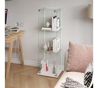JYNVO Vitrina Expositora de Cristal Templado con Iluminación y 1 Puerta, Armario de Vidrio Blanco de 3 Capas con Cerradura y Base de Madera, Vitrina de Pie Vertical para Salón, Oficina y Colecciones