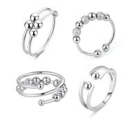 JYNXOR 4 Pcs Anillo Antiestres Mujer,Anillos De Ansiedad,Acero Inoxidable Anillo Giratorio Con Perlas,Abierto Anillos Ajustables Apilables,Fidget Anillo Ansiedad,Regalo Joyería Para Mujere Niñas,Plata