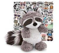 JynxtoyZeal Mapache Animales de Peluche, 60pcs Pegatinas de Mapache, 28cm Peluche de Mapache,Animales de Peluche Realistas de Mapache,Relleno Juguetes De Animales Regalo para Amigos Y Niños