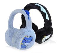 JynxtoyZeal Orejeras térmicas de invierno con diseño de dinosaurio, 2 unidades, orejeras de felpa, ajustables, plegables, resistentes al viento, a prueba de frío, para niñas y niños (negro y azul)