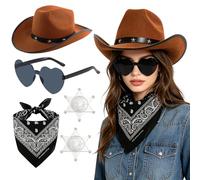 JynxtoyZeal Set Sombrero Cowboy con Gafas de Sol Corazón y Bandana, Sombrero Cowgirl Occidental con Broche Estrella, Accesorios de Disfraz Poliéster & PVC para Fiestas
