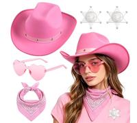 JynxtoyZeal Set Sombrero Cowboy con Gafas de Sol Corazón y Bandana, Sombrero Cowgirl Occidental con Broche Estrella, Accesorios de Disfraz Poliéster & PVC para Fiestas
