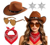 JynxtoyZeal Set Sombrero Cowboy con Gafas de Sol Corazón y Bandana, Sombrero Cowgirl Occidental con Broche Estrella, Accesorios de Disfraz Poliéster & PVC para Fiestas