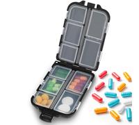 JYSNOW Caja de Pastillas con 10 Compartimentos, Pastillero de Viaje de 7 Días Portátiles, S 9.5 x 6.5 x 3 cm Mini Pill Organizer a Prueba de Humedad, Para Medicamentos y Vitaminas (Negro)