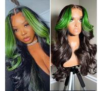 JYZ Peluca de cabello humano con encaje frontal de Skunk con reflejos verdes, peluca ondulada HD de 13 x 4 pulgadas, densidad del 200 %, prearrancada con abuelitos, parte media de 28 pulgadas