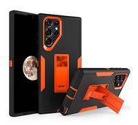 JZ 2in1 PC TPU Full Body Protective Casos para Samsung Galaxy S22 Ultra with Kickstand, Car Magnetic Suction, Screen&Camera Protection Shockproof TPU Bumper Cover - Black&Orange