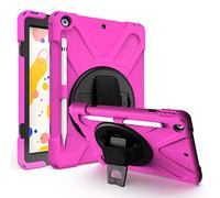 JZ 360 Degrees Kickstand Funda Cover Compatible with New iPad 10.2 Inch (2019/2020) Stand Funda with Wrist Strap,Shoulder Strap and Pencil Holder - Hot Pink