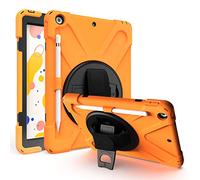 JZ 360 Degrees Kickstand Funda Cover Compatible with New iPad 10.2 Inch (2019/2020) Stand Funda with Wrist Strap,Shoulder Strap and Pencil Holder - Orange