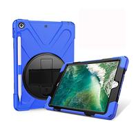 JZ 360 Degrees Kickstand Funda Cover Compatible with New iPad 9.7 Inch (2017/2018) Stand Funda with Wrist Strap,Shoulder Strap and Pencil Holder - Blue