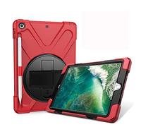JZ 360 Degrees Kickstand Funda Cover Compatible with New iPad 9.7 Inch (2017/2018) Stand Funda with Wrist Strap,Shoulder Strap and Pencil Holder - Red