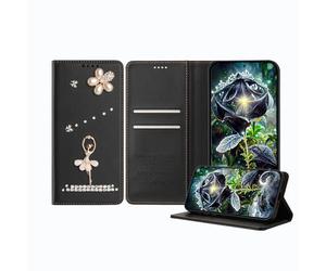 JZ Ballet Rhinestone Wallet Caso para Poco X4 GT/RedMi Note 12T Pro / K50i / 11T Pro Plus, Luxury Glitter Ballerina Design with Pearl Flower | PU Leather Cover with Card Slots - Black