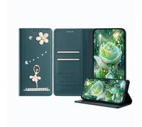 JZ Ballet Rhinestone Wallet Caso para RedMi Note 11 Pro /11 Pro Plus / 12 Pro, Diseño de Bailarina de Lujo Glitter con Flor de Perla | Cubierta de Cierre magnético de Cuero PU - Green