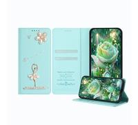 JZ Ballet Rhinestone Wallet Caso para Samsung Galaxy A20e / A10e, Diseño de Bailarina de Lujo Glitter con Flor de Perla | Cubierta de Cierre magnético de Cuero PU - Baby Green