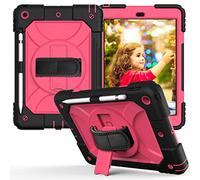JZ Bicolor Rotating Bracket Funda Compatible with New iPad 10.2 Inch (2019/2020) Stand Funda with Wrist Strap,Shoulder Strap and Pencil Holder - Black + Hot Pink