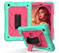 JZ Bicolor Rotating Bracket Funda Compatible with Samsung Galaxy Tab A 10.1 2019 (SM-T510/T515) Stand Funda with Wrist Strap and Shoulder Strap - Baby Green + Hot Pink