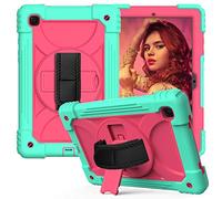 JZ Bicolor Rotating Bracket Funda Compatible with Samsung Galaxy Tab A7 10.4 2020 (SM-T500/T505/T507) Stand Funda with Wrist Strap and Shoulder Strap - Baby Green + Hot Pink