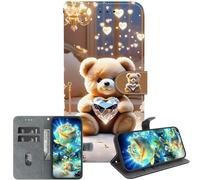 JZ Crystal Texture Caso para iPhone 14 Plus, Cubierta de Cartera de Cuero de PU Pintada Hecha a Mano con Ranuras para Tarjetas y Soporte - Care Bears