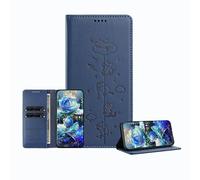JZ Engraved Playful Cat Design Caso para Samsung Galaxy A17 / A26 Case [Caso de Cartera de Cuero PU] [Bloqueo RFID] [Cierre magnético] [Carga inalámbrica Compatible] - Dark Blue