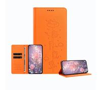 JZ Engraved Playful Cat Design Caso para TCL 305/306 / 30E / 30 SE Case [Caso de Cartera de Cuero PU] [Bloqueo RFID] [Cierre magnético] [Carga inalámbrica Compatible] - Orange