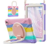 JZ Funda para Amazon Fire HD 10 & 10 Plus (13th Gen,2023), Resistente antigolpes Heavy Duty con Soporte Giratorio 360°, asa y Correa para Hombro - Colourful Pink