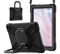 JZ Funda para Amazon Fire HD 10 & 10 Plus (13th Gen,2023), Resistente antigolpes Heavy Duty con Soporte Giratorio 360°, asa y Correa para Hombro - Black