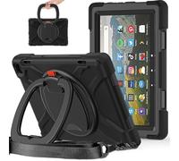 JZ Funda para Amazon Fire HD 8 & 8 Plus (112th Gen,2022/2024), Resistente antigolpes Heavy Duty con Soporte Giratorio 360°, asa y Correa para Hombro - Black
