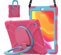 JZ Funda para iPad 10.2 in 2019 2020 2021 (7th,8th,9th), Resistente antigolpes Heavy Duty con Soporte Giratorio 360°, asa y Correa para Hombro - Rose Red&Blue
