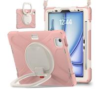 JZ Funda para iPad Air 11 (M2/M3/M4) / Air (5th/4th), Resistente antigolpes Heavy Duty con Soporte Giratorio 360°, asa y Correa para Hombro - Rose Pink