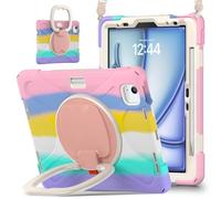 JZ Funda para iPad Air 11 (M2/M3/M4) / Air (5th/4th), Resistente antigolpes Heavy Duty con Soporte Giratorio 360°, asa y Correa para Hombro - Colourful Pink