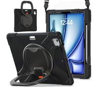JZ Funda para iPad Air 13 (M2/M3/M4) / Pro 12.9 6th/5th/4th/3th, Resistente antigolpes Heavy Duty con Soporte Giratorio 360°, asa y Correa para Hombro - Black