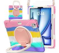 JZ Funda para iPad Air 13 (M2/M3/M4) / Pro 12.9 6th/5th/4th/3th, Resistente antigolpes Heavy Duty con Soporte Giratorio 360°, asa y Correa para Hombro - Colourful Pink