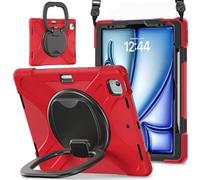 JZ Funda para iPad Air 13 (M2/M3/M4) / Pro 12.9 6th/5th/4th/3th, Resistente antigolpes Heavy Duty con Soporte Giratorio 360°, asa y Correa para Hombro - Red