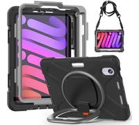 JZ Funda para iPad Mini 7 (A17 Pro)/ Mini 6th, Resistente antigolpes Heavy Duty con Soporte Giratorio 360°, asa y Correa para Hombro - Black&Gray