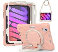 JZ Funda para iPad Mini 7 (A17 Pro)/ Mini 6th, Resistente antigolpes Heavy Duty con Soporte Giratorio 360°, asa y Correa para Hombro - Pink
